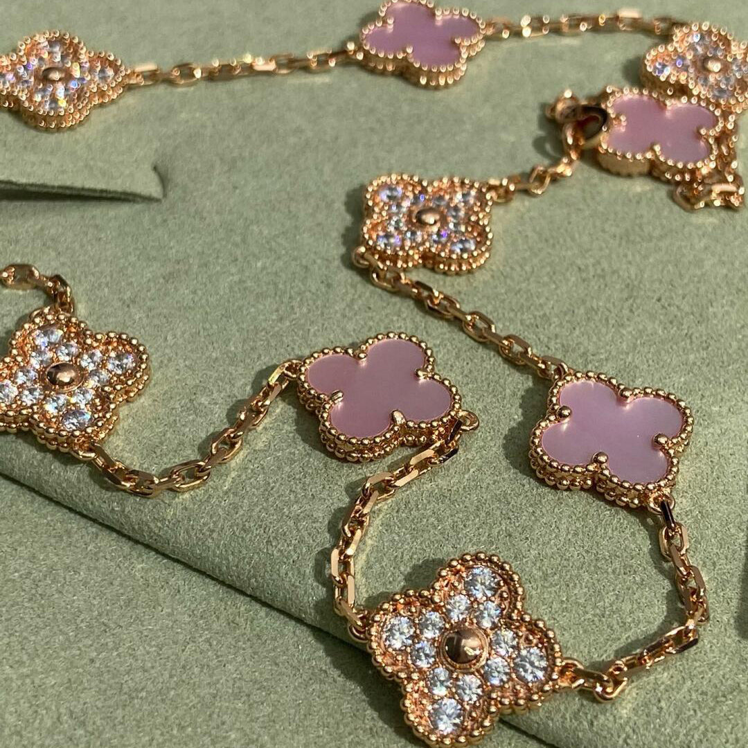 [Super CiCi] CLOVER 10-MOTIV-HALSKETTE MIT DIAMANTEN UND ROSA PERLMUTT