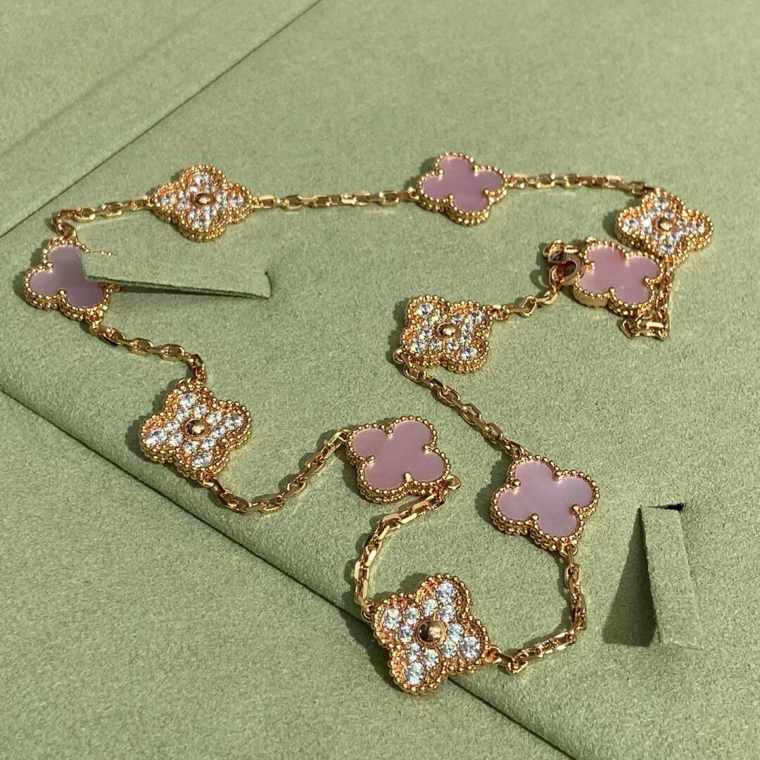 [Super CiCi] CLOVER 10-MOTIV-HALSKETTE MIT DIAMANTEN UND ROSA PERLMUTT