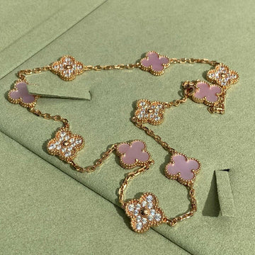 [Super CiCi] CLOVER 10-MOTIV-HALSKETTE MIT DIAMANTEN UND ROSA PERLMUTT