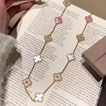 [Super CiCi ]CLOVER 20 MOTIFS DIAMOND PINK MOP NECKLACE