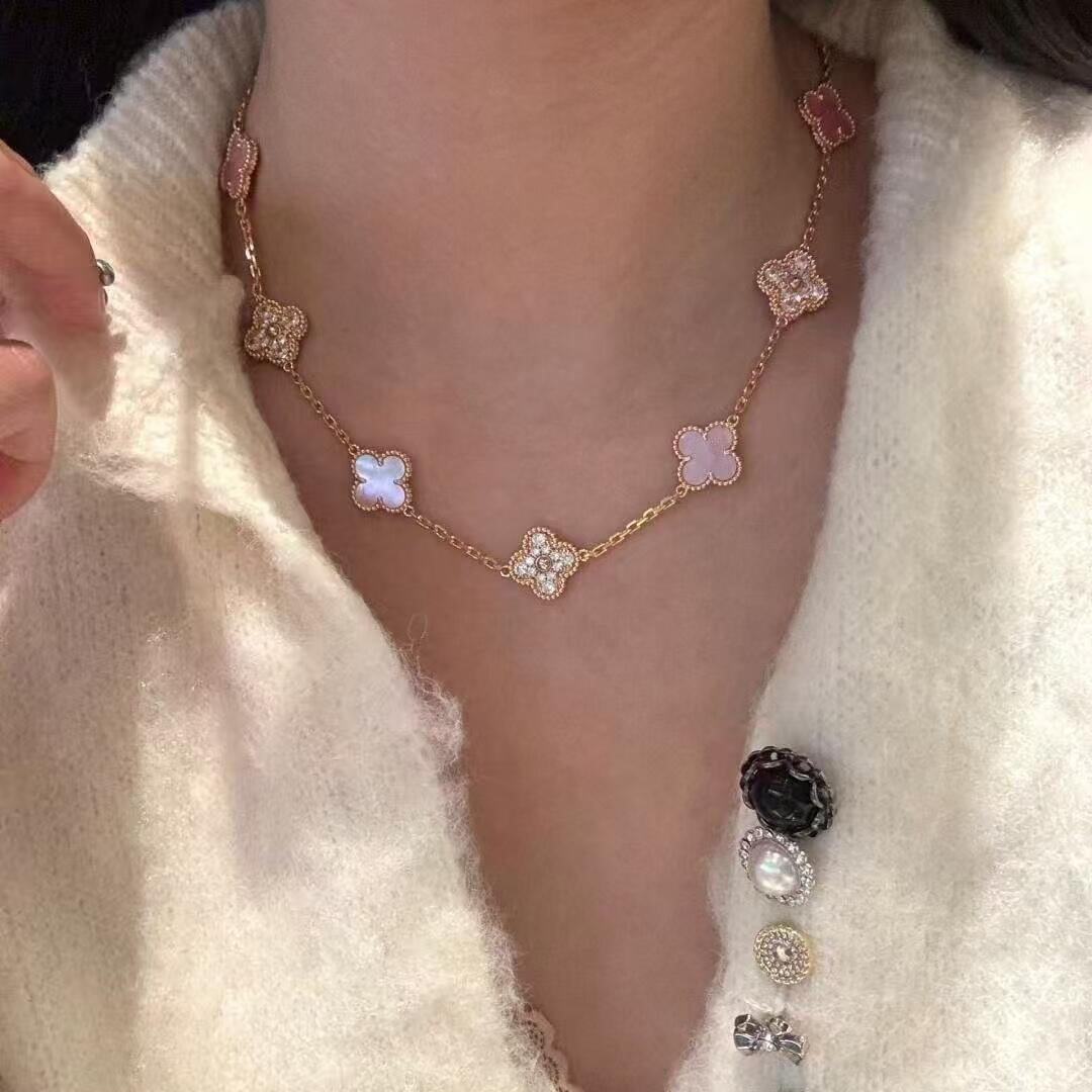 [Super CiCi] CLOVER 10-MOTIV-HALSKETTE MIT DIAMANTEN UND ROSA PERLMUTT