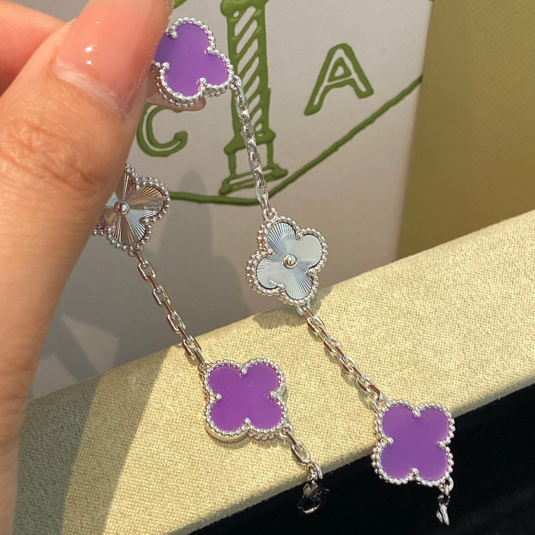 [Super CiCi ]CLOVER  5 MOTIFS  PURPLE VIOLET BRACELET SILVER