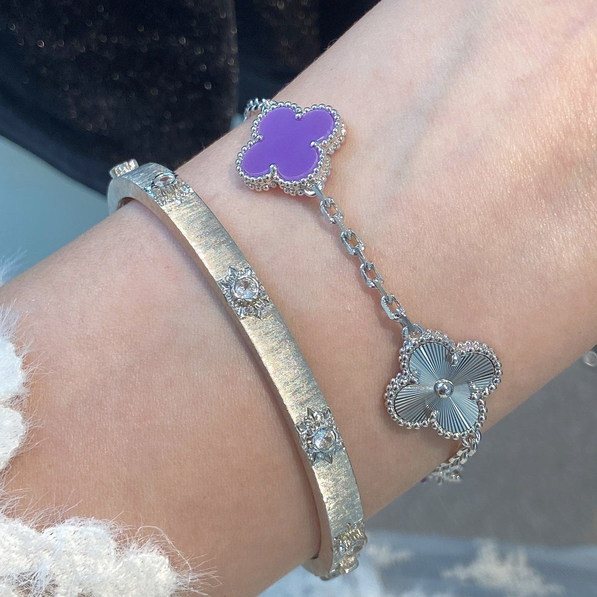 [Super CiCi ]CLOVER  5 MOTIFS  PURPLE VIOLET BRACELET SILVER