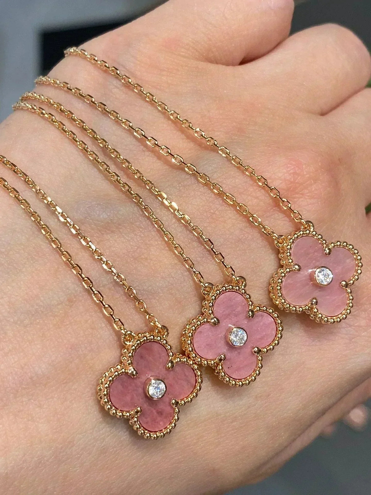 [Super CiCi ]CLOVER 15MM DIAMOND RHODONIT-HALSKETTE