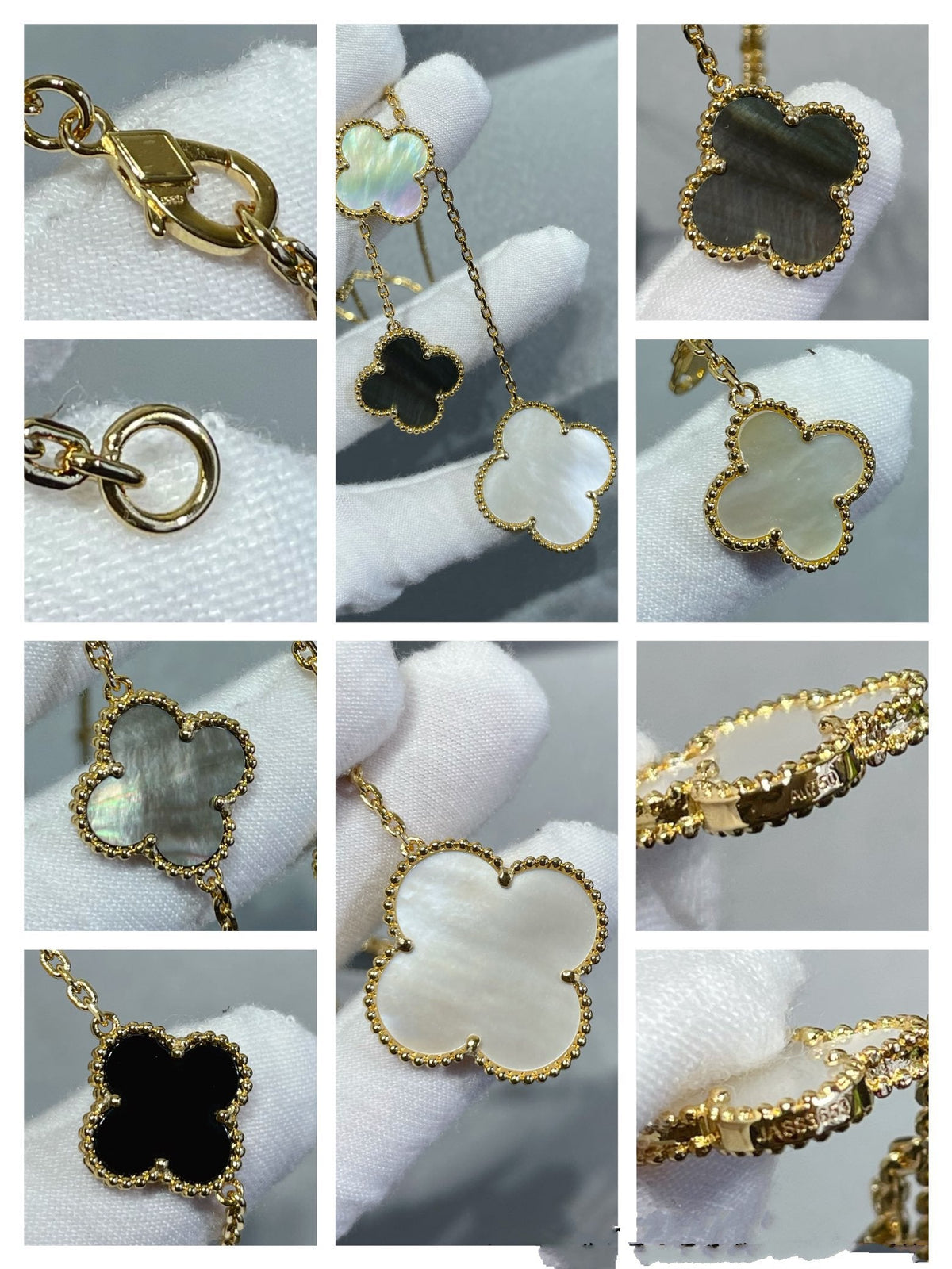 [Super CiCi] CLOVER 6-MOTIV PERLMUTT ONYX GOLDHALSKETTE
