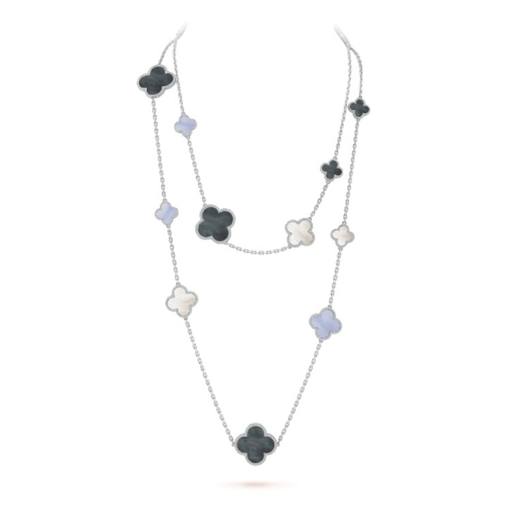 [Super CiCi ]CLOVER 16 MOTIF CHALCEDONY MOP SILBERKETTE