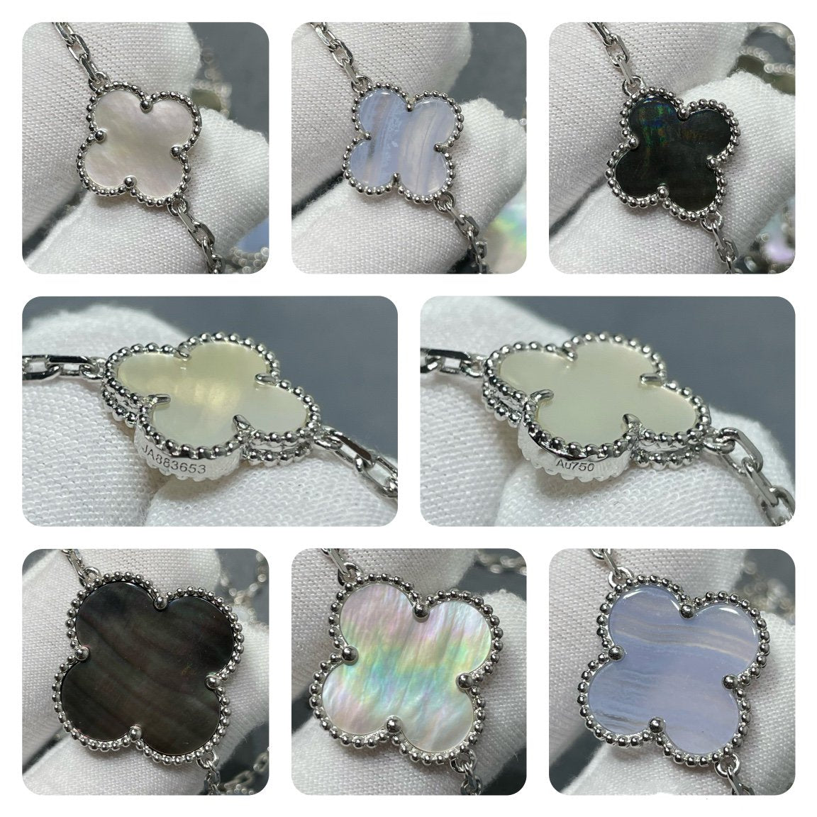 [Super CiCi ]CLOVER 16 MOTIF CHALCEDONY MOP SILBERKETTE