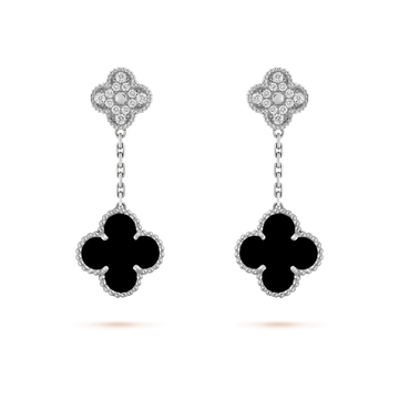 [Super CiCi ]CLOVER 2 MOTIFS  DIAMOND ONYX EARRINGS SILVER