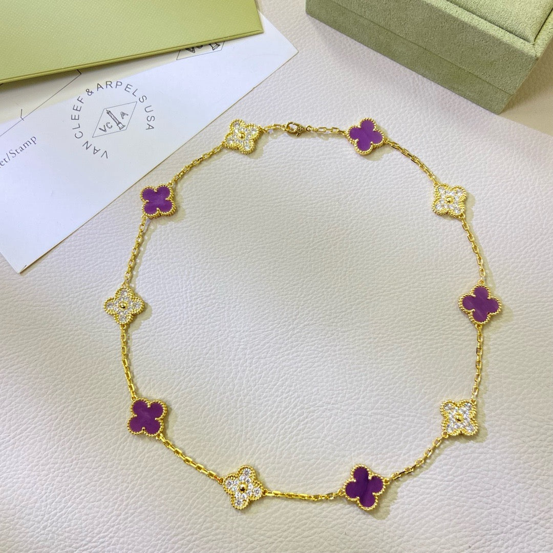 [Super CiCi ]CLOVER 10 MOTIVE PURPUR-VIOLETT DIAMANT-HALSKETTE
