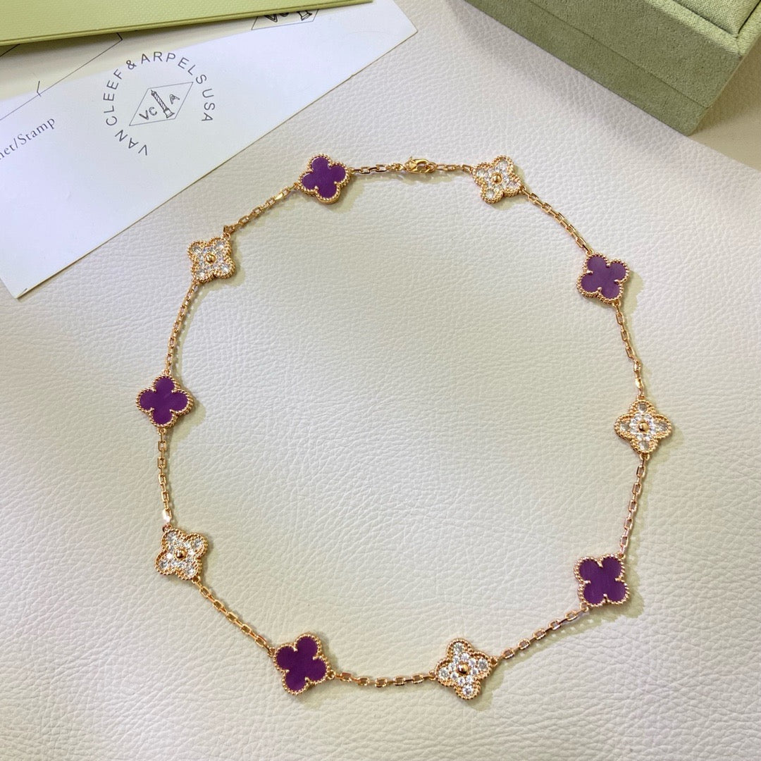 [Super CiCi ]CLOVER 10 MOTIVE PURPUR-VIOLETT DIAMANT-HALSKETTE
