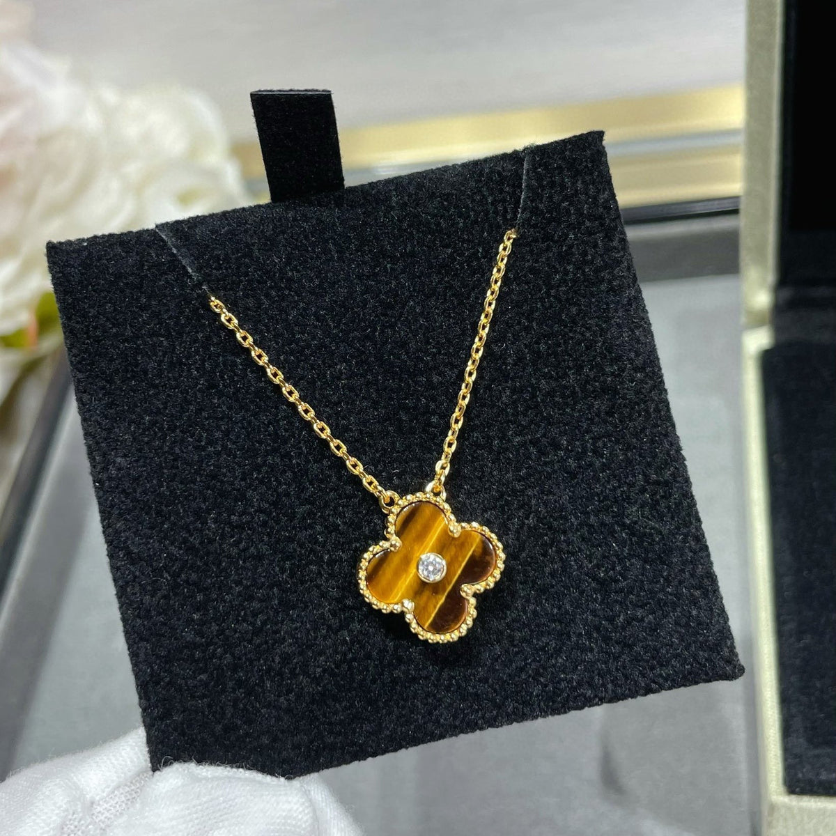 [Super CiCi ]CLOVER 15MM HALSSETTE AUS DIAMANT UND GELBEM TIGERAUGE-ACHAT