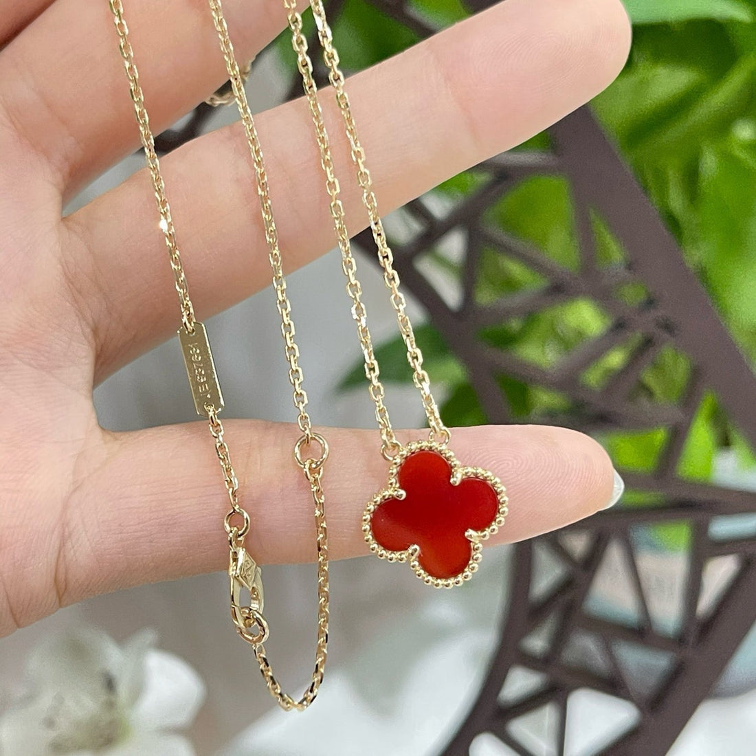 [Super CiCi ]CLOVER 15MM CARNELIAN SINGLE FLOWER NECKLACE