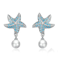 Ozeanblaue Zirkon-Seestern-Ohrstecker, Muschelperlen-Ohrhänger