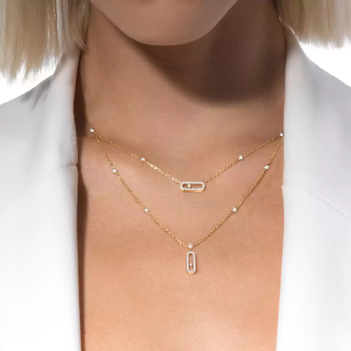 [Super CiCi]2 Rows Rose Gold Diamond Pave_ Necklace Move Uno
